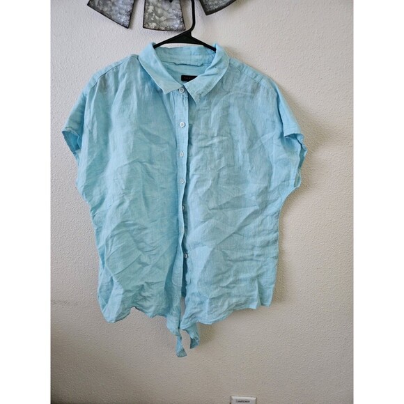 Talbot Women's Beach Summer Travel Linen Tie Hem Button Front Top Cross Dye Sz L - Picture 2 of 9